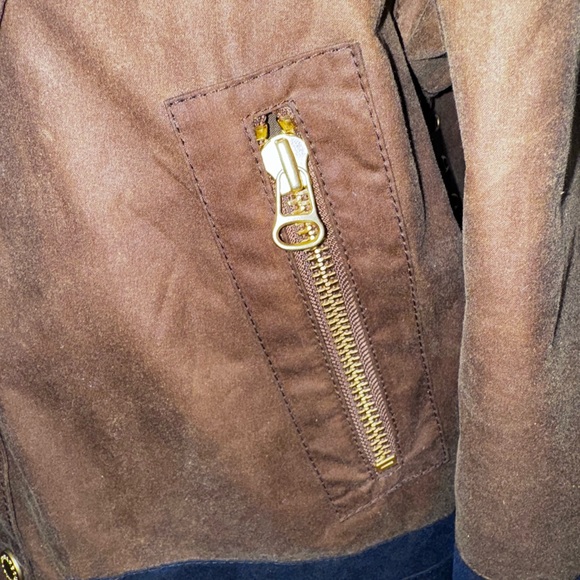 Barbour Carolyn Wax Tan / Navy Plaid Hooded Coat 6US - Picture 5 of 8